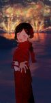 1girl ^_^ aerial_fireworks alternate_costume alternate_hairstyle backlighting blurry blurry_background blush bow brown_hair closed_eyes evening facing_viewer feet_out_of_frame fireworks fringe_trim hair_behind_ear hair_bun hair_ornament hairclip highres japanese_clothes kagerou_project kimono long_sleeves mekakucity_actors obi obijime open_mouth otorigg outdoors reaching_towards_viewer red_bow red_kimono red_scarf sash scarf single_hair_bun sketch smile solo tateyama_ayano white_sash wide_sleeves 