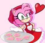  1girl absurdres amy_rose breasts cookie dress food furry furry_female gloves green_eyes hairband hat heart highres light_smile looking_at_viewer nin10ja pink_background pink_hair plate red_dress shadow short_hair simple_background small_breasts smile solo sonic_(series) white_gloves 