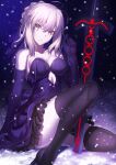  1girl artoria_pendragon_(fate) bangs bare_shoulders black_dress black_gloves black_ribbon black_thighhighs blonde_hair braid breasts cleavage collarbone dress elbow_gloves excalibur_morgan_(fate) fate/grand_order fate/stay_night fate_(series) french_braid gloves hair_bun hair_ribbon highres long_hair looking_at_viewer medium_breasts neko_daruma ribbon saber_alter sidelocks sitting snow solo sword thighhighs thighs weapon yellow_eyes 