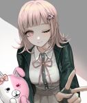  1girl 9_(cdwp2353) ;) absurdres bangs black_shirt bow breasts brown_bow brown_hair brown_skirt danganronpa_(series) danganronpa_2:_goodbye_despair dress_shirt ear_bow flipped_hair galaga green_jacket grey_background hair_ornament highres jacket large_breasts long_sleeves looking_at_viewer medium_hair monomi_(danganronpa) nanami_chiaki neck_ribbon one_eye_closed pink_eyes pink_ribbon pleated_skirt ribbon shirt skirt smile two-tone_shirt v white_background white_shirt 