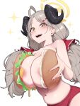  1girl :d areola_slip bare_shoulders blue_archive blush bread breasts brown_eyes buruma cheese cleavage drooling food grey_hair hair_ornament hairclip halo highres horns izumi_(blue_archive) large_breasts long_hair looking_at_viewer navel onion open_mouth paid_reward_available simple_background smile solo tomato tomato_slice topless white_background yzr_(yzr99) 