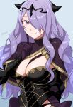  1girl black_capelet black_panties blue_background breasts camilla_(fire_emblem) capelet cleavage commentary_request fake_horns fire_emblem fire_emblem_fates hair_over_one_eye hand_up highres horns index_finger_raised large_breasts long_hair looking_at_viewer panties peach11_01 purple_eyes purple_hair simple_background smile solo underwear upper_body very_long_hair 