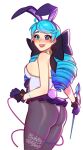  1girl :d animal_ears artist_name ass bangs bare_shoulders black_bow black_pantyhose blush blushyspicy bow breasts drill_hair fake_animal_ears gloves green_eyes green_hair gwen_(league_of_legends) hair_bow highres holding_sewing_needle large_breasts league_of_legends long_hair looking_to_the_side oversized_object pantyhose purple_gloves rabbit_ears rabbit_tail shiny_skin smile solo swept_bangs tail teeth twin_drills twintails upper_teeth_only 