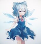  1girl ahoge ar_(maeus) bangs blue_bow blue_dress blue_eyes blue_hair bow cirno collared_shirt commentary dress fairy feet_out_of_frame hair_between_eyes hair_bow highres ice ice_wings parted_lips pinafore_dress puffy_short_sleeves puffy_sleeves red_ribbon ribbon shirt short_hair short_sleeves solo touhou white_shirt wings 