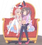  2girls ahoge alternate_costume animal_ears armchair bangs black_gloves black_hair black_thighhighs bow brown_eyes chair commentary full_body gloves grey_hair hair_between_eyes hair_bow hair_ornament hairclip high_heels highres knees_together_feet_apart long_hair looking_at_another miton_(turuyasann) multicolored_hair multiple_girls onii-chan_wa_oshimai! open_mouth oyama_mahiro oyama_mihari pillow puffy_short_sleeves puffy_sleeves purple_hair rabbit_ears red_bow red_footwear shoes short_sleeves siblings sisters sitting smile streaked_hair stuffed_animal stuffed_bunny stuffed_toy thighhighs twintails two-tone_hair underskirt white_gloves white_thighhighs 