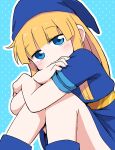  1girl bangs blonde_hair blue_background blue_eyes blue_footwear blue_robe blush crossed_arms dokan_(dkn) dot_nose hat hugging_own_legs light_frown long_hair madou_monogatari puyopuyo robe sitting solo witch witch_(puyopuyo) witch_hat 