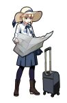  1girl ahoge artoria_pendragon_(fate) blonde_hair blouse braid braided_bun fate/stay_night fate_(series) full_body green_eyes hair_bun hat map pantyhose rolling_suitcase saber shirt single_hair_bun skirt straw_hat suitcase sun_hat tsukumo_(soar99) 