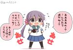  1girl akebono_(kancolle) akebono_kai_ni_(kancolle) bell black_choker black_gloves black_thighhighs blue_sailor_collar blue_skirt box chibi choker commentary_request flower full_body gift gift_box gloves goma_(yoku_yatta_hou_jane) hair_bell hair_flower hair_ornament jingle_bell kantai_collection long_hair open_mouth pleated_skirt purple_eyes purple_hair sailor_collar school_uniform serafuku short_sleeves side_ponytail simple_background skirt solo standing thighhighs translation_request twitter_username very_long_hair wavy_mouth white_background 