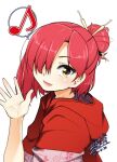  1girl aogiri_penta asymmetrical_bangs bangs floral_print hair_bun hair_ornament hair_over_eyes hair_stick hand_up highres japanese_clothes looking_at_viewer musical_note one_eye_covered open_hand open_mouth red_hair senningiri signature single_hair_bun smile speech_bubble tenka_hyakken white_background yellow_eyes 