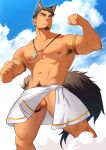  1boy animal_ears armlet armpit_hair armpit_peek aruji_(hidora) bar_censor bara black_hair censored cloud cloudy_sky dust facial_hair feet_out_of_frame from_below goatee hidora_art highres jewelry long_sideburns male_focus muscular muscular_male navel_hair necklace nipples original outdoors pectorals penis penis_peek short_hair sideburns sky solo sweat tail thick_eyebrows topless_male undercut wolf_boy wolf_ears wolf_tail yellow_eyes 