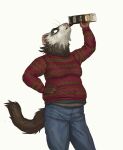  2019 anthro belly beverage bottomwear brown_body brown_fur cettus cettus_chaput christmas christmas_clothing clothed clothing denim denim_clothing domestic_ferret drinking eggnog fur hand_on_hip hi_res holding_beverage holding_object holidays jeans male mammal moobs mustelid musteline pants shirt simple_background slightly_chubby slightly_chubby_anthro slightly_chubby_male solo standing sweater topwear true_musteline weasel white_background white_face 