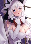  1boy 1girl azur_lane bangs bare_shoulders blue_eyes blush breasts cleavage dress elbow_gloves gloves hair_ornament hat highres illustrious_(azur_lane) large_breasts large_hat mole mole_under_eye open_mouth smile solo_focus wee_(weeyy) white_dress white_gloves white_hair white_headwear 