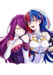  2girls :d ^_^ absurdres alear_(female)_(fire_emblem) alear_(fire_emblem) bare_shoulders blue_hair breasts cleavage closed_eyes commentary_request dress elbow_gloves fire_emblem fire_emblem_engage gloves grin highres ivy_(fire_emblem) large_breasts long_hair multicolored_hair multiple_girls purple_dress purple_hair red_hair shirt simple_background smile two-tone_hair very_long_hair white_background white_gloves white_shirt yuko_(user_uuju2584) 