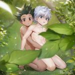  2boys :o abs anal blue_eyes blush brown_eyes completely_nude day gon_freecss green_hair hunter_x_hunter killua_zoldyck kneeling leaf male_focus multiple_boys navel nipples nude outdoors risukoyama sex short_hair spiked_hair toned toned_male white_hair yaoi 