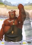  2023 anthro arkross1999 armpit_hair bear belly big_belly black_nose body_hair clothing detailed_background hi_res humanoid_hands kemono male mammal moobs nipples outside overalls overweight overweight_male solo_focus water 
