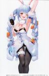  1girl absurdres animal_ears arm_up armpits bangs bare_shoulders blue_hair blush bow bowtie braid breasts buttons carrot_hair_ornament cleavage coat don-chan_(usada_pekora) food-themed_hair_ornament fur_collar fur_trim gloves hair_bow hair_ornament highres hololive leotard leotard_under_clothes long_hair looking_at_viewer medium_breasts multicolored_hair one_eye_closed open_mouth orange_eyes pantyhose rabbit_ears scan simple_background smile teeth thigh_strap twin_braids twintails upper_teeth_only usada_pekora watao white_hair 
