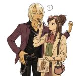  1boy 1girl ace_attorney apollo_justice:_ace_attorney bag black_pants black_shirt blonde_hair brown_eyes brown_hair chain chain_belt closed_mouth collared_shirt ema_skye eyewear_on_head feeding food glasses hair_over_shoulder half_updo holding holding_food jacket jewelry karintou klavier_gavin labcoat long_hair long_sleeves looking_at_another necklace necktie pants purple_jacket renshu_usodayo shirt simple_background sleeves_rolled_up white_background 