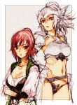  2girls armor belt bikini_armor branch_(blackrabbits) breasts brown_eyes character_request cleavage crossed_arms crossed_belts green_vest grey_background helmet hip_armor large_breasts looking_at_viewer medium_breasts medium_hair multiple_girls navel partially_colored pauldrons red_hair seiken_densetsu seiken_densetsu_3 shirt shoulder_armor simple_background sketch straight_hair vest white_shirt 