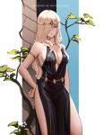  1girl bare_shoulders black_dress blonde_hair breasts cleavage closed_mouth collarbone dress elden_ring expressionless feet_out_of_frame hair_ornament hair_over_one_eye hand_on_hip highres jewelry large_breasts long_hair looking_at_viewer notgustiarp queen_marika_the_eternal red_eyes sleeveless sleeveless_dress solo standing 
