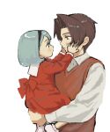  1boy 1girl ace_attorney aged_down black_hairband blue_hair blush brown_eyes brown_hair carrying carrying_person closed_mouth collared_shirt dress eye_contact franziska_von_karma hair_intakes hairband hands_on_another&#039;s_cheeks hands_on_another&#039;s_face long_sleeves looking_at_another miles_edgeworth red_dress red_vest renshu_usodayo shirt short_hair simple_background vest white_background white_shirt 