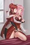  2girls anna_(fire_emblem) bangs black_sleeves blunt_bangs blush bra breasts capelet cleavage closed_eyes commentary_request elbow_gloves fingering fingerless_gloves fire_emblem fire_emblem_fates floral_print gloves hair_tubes highres japanese_clothes kiss kissing_neck large_breasts long_hair low_twintails mitama_(fire_emblem) mixed-language_commentary multiple_girls one_eye_closed open_clothes open_mouth paid_reward_available panties pink_hair ponytail red_bra red_capelet red_hair red_panties rose_print star-shaped_pupils star_(symbol) symbol-shaped_pupils twintails underwear undressing_another vodka13 white_gloves yuri 