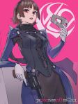 artist_logo bangs bodice bodysuit braid brown_hair cowboy_shot crown_braid dutch_angle earrings gloves gun highres jewelry looking_at_viewer mask mask_removed niijima_makoto patreon_username persona persona_5 pink_background poechan_chan red_eyes revolver scarf short_hair shoulder_spikes simple_background spikes weapon web_address 