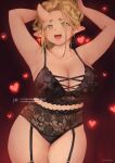  1girl armpits arms_up artist_name black_bra black_garter_straps black_panties blonde_hair blue_eyes bra breasts cleavage cowboy_shot heart highres horns large_breasts legs_together lingerie looking_at_viewer nashidrop open_mouth original paid_reward_available panties patreon_logo pear_(nashidrop) plump pointy_ears single_horn solo standing tareme underwear underwear_only web_address 