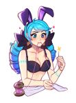  1girl animal_ears artist_name bangs bare_arms bare_shoulders black_bow black_bra blush blushyspicy bow bra breasts cleavage cropped_torso drill_hair fake_animal_ears green_hair gwen_(league_of_legends) hair_bow highres holding large_breasts league_of_legends long_hair needle rabbit_ears sewing sewing_needle smile solo twin_drills twintails underwear watermark 