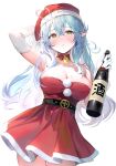  1girl :t absurdres arm_behind_head blue_hair blush bottle breasts cleavage cowboy_shot dress elbow_gloves elf gloves hair_between_eyes hat highres holding holding_bottle hololive large_breasts long_hair looking_at_viewer pointy_ears red_dress santa_hat scan solo standing strapless strapless_dress umibouzu_(niito) virtual_youtuber white_gloves yellow_eyes 