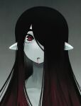  1girl absurdres bangs black_hair blood blood_from_mouth collarbone colored_skin gradient_background grey_background grey_skin highres justadrian_(yoadriandk) licorice_(justadrian) long_hair looking_at_viewer open_mouth original pointy_ears portrait red_eyes solo 