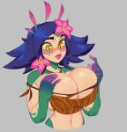  1girl alternate_breast_size blue_hair breasts cleavage colored_skin flipped_hair flower green_skin grey_background hair_flower hair_ornament highres large_breasts league_of_legends looking_down midriff neeko_(league_of_legends) nezulet pink_flower reptile_girl simple_background solo tank_top tight_top yellow_eyes 
