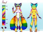  2_tails 4_ears anthro arm_markings artist_name blep blonde_hair blue_body blue_ears blue_fur breasts butt cheek_tuft color_swatch dipstick_ears facial_tuft featureless_crotch female full-length_portrait fur gesture green_body green_fur green_hair hair hi_res inner_ear_fluff leg_markings markings model_sheet mouth_closed multi_ear multi_tail multicolored_ears multicolored_eyes multicolored_tail nude orange_body orange_eyes orange_fur pink_eyes pink_nose portrait purple_body purple_eyes purple_fur rainbow_tail red_body red_eyes red_fur riddlr shoulder_markings simple_background solo standing star_(marking) striped_markings striped_tail stripes tail tail_markings tongue tongue_out tuft v_sign white_breasts white_inner_ear_fluff yellow_body yellow_eyes yellow_fur yellow_nose yellow_tongue 
