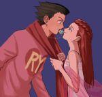  1boy 1girl ace_attorney black_hair blue_background blue_eyes braid brown_hair closed_mouth clothes_pull dahlia_hawthorne dress eye_contact from_side heart heart_necklace hetero indirect_kiss jewelry long_hair long_sleeves looking_at_another necklace phoenix_wright pink_shawl pink_sweater profile red_hair red_scarf renshu_usodayo scarf scarf_pull shawl short_hair simple_background smile spiked_hair sweater white_dress 