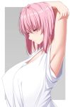  1girl absurdres arm_behind_head armpits arms_up bangs blush border breasts closed_eyes closed_mouth commentary covered_nipples from_side hair_between_eyes highres large_breasts lips nori_tamago pink_hair saigyouji_yuyuko short_hair solo stretching tank_top touhou white_border white_tank_top 