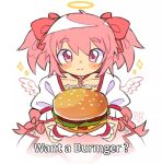  1girl blush bow burger closed_mouth collarbone commentary dress english_commentary english_text feathered_wings food giving_food hair_bow holding holding_food kaname_madoka looking_at_viewer magical_girl mahou_shoujo_madoka_magica meme pink_bow pink_eyes pink_hair sharpycharot short_hair short_sleeves short_twintails simple_background smile solo twintails white_background wings 