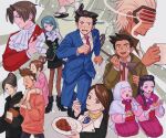  5boys 6+girls ace_attorney ascot bandaid bandaid_on_face beard bikini_(ace_attorney) black_footwear black_gloves black_hair black_skirt black_vest blue_eyes blue_hair blue_jacket blue_pants blush boots braid breasts brown_eyes brown_hair carrying cleavage closed_eyes closed_mouth collared_shirt cup curry curry_rice dick_gumshoe earrings eating eye_mask facial_hair food formal franziska_von_karma fruit gloves godot_(ace_attorney) hair_intakes hair_rings hand_on_hip hanten_(clothes) high_heel_boots high_heels highres holding holding_spoon hood hood_up iris_(ace_attorney) jacket japanese_clothes jewelry juliet_sleeves kimono larry_butz long_hair long_sleeves looking_at_viewer magatama mandarin_orange maya_fey metal_detector mia_fey miles_edgeworth misty_fey mug multiple_boys multiple_girls necklace necktie on_shoulder open_mouth pants pantyhose pearl_fey pencil_skirt phoenix_wright phoenix_wright:_ace_attorney_-_trials_and_tribulations pink_necktie puffy_sleeves purple_eyes red_jacket renshu_usodayo rice running shirt short_hair short_kimono shoulder_carry sitting skirt smile spiked_hair spoon stubble suit sweatdrop utensil_in_mouth vest vest_over_shirt white_hair white_shirt 