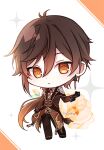  1boy 723/nanahumi bangs black_footwear black_gloves black_pants brown_eyes brown_hair brown_jacket chibi closed_mouth collared_shirt commentary_request earrings floral_background full_body genshin_impact gloves hair_between_eyes jacket jewelry long_hair long_sleeves looking_at_viewer male_focus orange_background pants shirt shoes solo sparkle standing two-tone_background very_long_hair white_background white_shirt zhongli_(genshin_impact) 