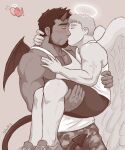  2boys absurdres angel_and_devil bara beard blank_page_drawings blush camouflage camouflage_pants carrying chest_hair couple cross_tattoo demon_boy demon_horns demon_tail demon_wings facial_hair feathered_wings feet_out_of_frame halo highres horns interspecies kiss large_pectorals long_sideburns male_focus mature_male monochrome multiple_boys muscular muscular_male original pants pectoral_cleavage pectorals princess_carry shoes short_hair shorts sideburns sidepec sneakers tail tank_top thick_eyebrows white_tank_top wings 