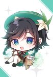  1boy 723/nanahumi :d bangs black_footwear black_hair blue_eyes braid capelet chibi commentary_request flower full_body genshin_impact green_background green_capelet green_eyes green_headwear green_shorts hat hat_flower legwear_under_shorts loafers long_hair long_sleeves looking_at_viewer lyre male_focus pantyhose puffy_long_sleeves puffy_sleeves shirt shoes short_shorts shorts sleeves_past_wrists smile solo twin_braids two-tone_background venti_(genshin_impact) white_background white_flower white_pantyhose white_shirt 