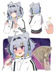  1girl ? @_@ ahoge bangs blush cone_hair_bun double_bun earphones earphones_removed english_commentary grey_hair hair_bun hair_ornament hairband highres holding holding_money jacket long_sleeves looking_at_viewer money nijisanji nijisanji_en open_mouth phone purple_eyes ribbon seion simple_background star_(symbol) star_hair_ornament virtual_youtuber white_background white_jacket zaion_lanza 