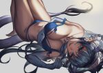  1girl :d arknights arm_under_breasts bare_legs bare_shoulders barefoot blue_bra blue_eyes blue_hair blue_panties blue_skin bra braid breasts cleavage collarbone colored_skin earrings gradient_skin jewelry kikan_(kikanoe) knees_up large_breasts ling_(arknights) long_hair looking_at_viewer lying navel on_back open_mouth panties pointy_ears simple_background smile solo strap_slip underwear underwear_only upside-down very_long_hair white_background 
