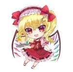  1girl :d bangs bat_wings black_bow black_choker blonde_hair blush bow chibi choker commentary_request crystal curly_hair dress eyebrows_hidden_by_hair fang flandre_scarlet food frilled_dress frilled_hairband frilled_sleeves frills hair_between_eyes hair_bow hairband holding holding_tray long_hair looking_at_viewer multicolored_wings open_mouth pudding puffy_short_sleeves puffy_sleeves rainbow_order red_bow red_dress red_eyes red_hairband shirt short_sleeves side_ponytail simple_background smile solo touhou tray tsukikusa white_background white_shirt wings 