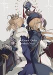  2girls ahoge armor armored_dress artoria_caster_(fate) artoria_caster_(second_ascension)_(fate) artoria_pendragon_(fate) belt beret black_bow black_gloves blonde_hair blue_belt blue_cloak blue_dress blush bow buttons cloak closed_eyes closed_mouth collar crown dress excalibur_(fate/stay_night) fate/grand_order fate/stay_night fate_(series) fur_trim gloves hair_bow hat holding holding_staff holding_sword holding_weapon long_dress long_hair long_sleeves multiple_girls note_nii ornament saber shirt skirt staff sword weapon white_background white_fur white_shirt white_skirt 