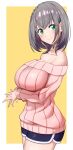  1girl bare_shoulders braid breasts closed_eyes collarbone cowboy_shot french_braid from_side green_eyes grey_hair hair_between_eyes highres hololive large_breasts long_sleeves looking_at_viewer medium_hair off-shoulder_sweater off_shoulder own_hands_together p-tree pink_sweater ribbed_sweater shirogane_noel short_shorts shorts simple_background smile striped sweater turning_head vertical_stripes virtual_youtuber 