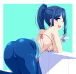  1girl :d aqua_background ass bangs bare_shoulders bent_over bikini bikini_top_only blue_bodysuit blue_hair blush bodysuit bottle breasts bunji diving_suit from_behind highres holding holding_bottle large_breasts long_hair looking_at_viewer looking_back love_live! love_live!_sunshine!! matsuura_kanan open_mouth parted_bangs ponytail purple_eyes sidelocks sign simple_background smile solo striped striped_bikini swimsuit underboob water_bottle wetsuit 