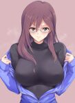  blush breasts glasses highres idolmaster idolmaster_cinderella_girls idolmaster_cinderella_girls_starlight_stage inou_hiroaki large_breasts long_hair red_hair removing_jacket steaming_body sweat undressing yagami_makino 