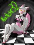  anthro bedroom_eyes belly bra breasts butt canid canine claws clothed clothing crossed_legs dark_room female five_nights_at_freddy&#039;s five_nights_at_freddy&#039;s_2 fluffy fluffy_tail fox fur green_text hi_res kateyr32 lipstick makeup mammal mangle_(fnaf) narrowed_eyes no_underwear pink_belly pink_body pink_butt pink_ears pink_fingers pink_fur pink_toes red_fingernails red_lipstick red_toenails scott_cawthon scottgames seductive sitting sitting_on_ground solo tail text tile underwear whiskers white_body white_fur yellow_eyes 