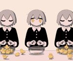  3boys absurdres avogado6 back bangs bird black_eyes black_shirt bowl buttons chick closed_eyes closed_mouth collared_shirt commentary_request crying egg falling food grey_hair hair_between_eyes hands_up highres holding holding_egg holding_food long_sleeves looking_at_another looking_down looking_to_the_side multiple_boys no_mouth open_mouth original shadow shirt short_hair simple_background sitting standing table tears walking wide_sleeves wing_collar wings yellow_background yellow_eyes yellow_fur 
