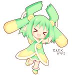  &gt;_&lt; 1girl :d aikei_ake bangs blush chibi closed_eyes dress facing_viewer full_body green_dress green_hair highres long_hair original outstretched_arms personification shoes simple_background sleeveless sleeveless_dress smile solo standing standing_on_one_leg translation_request white_background xd yellow_footwear 