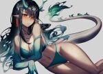  1girl aqua_bra aqua_hair aqua_panties aqua_skin arknights ass_visible_through_thighs bare_shoulders black_hair blush bra closed_mouth dragon_girl dragon_horns dragon_tail dusk_(arknights) earrings feet_out_of_frame gradient_hair gradient_skin hair_over_one_eye horns jewelry kikan_(kikanoe) looking_at_viewer lying multicolored_hair navel nose_blush on_side panties pointy_ears red_eyes simple_background solo strap_slip tail thigh_gap underwear underwear_only white_background 